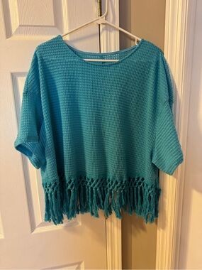 Turquoise Fringe Knit Top